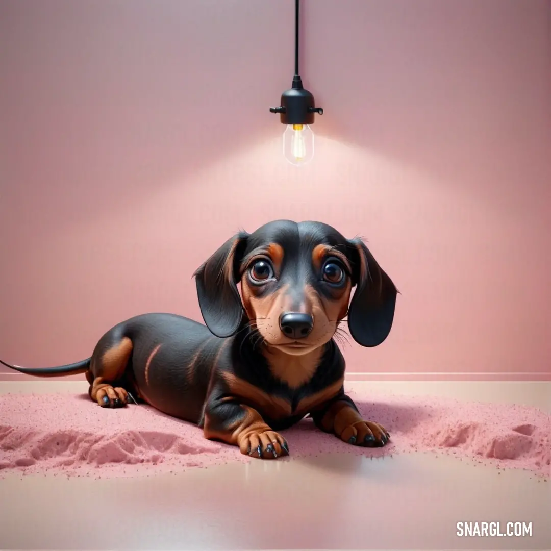 Small dog laying on a pink carpet under a light bulb on a pink wall