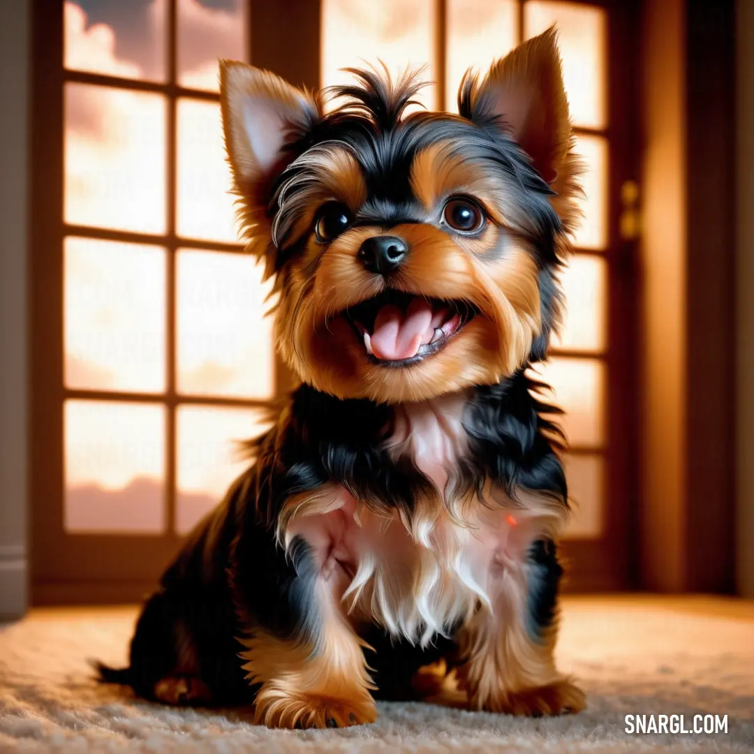 Small dog on a carpet in front of a window with a sky background and a door open
