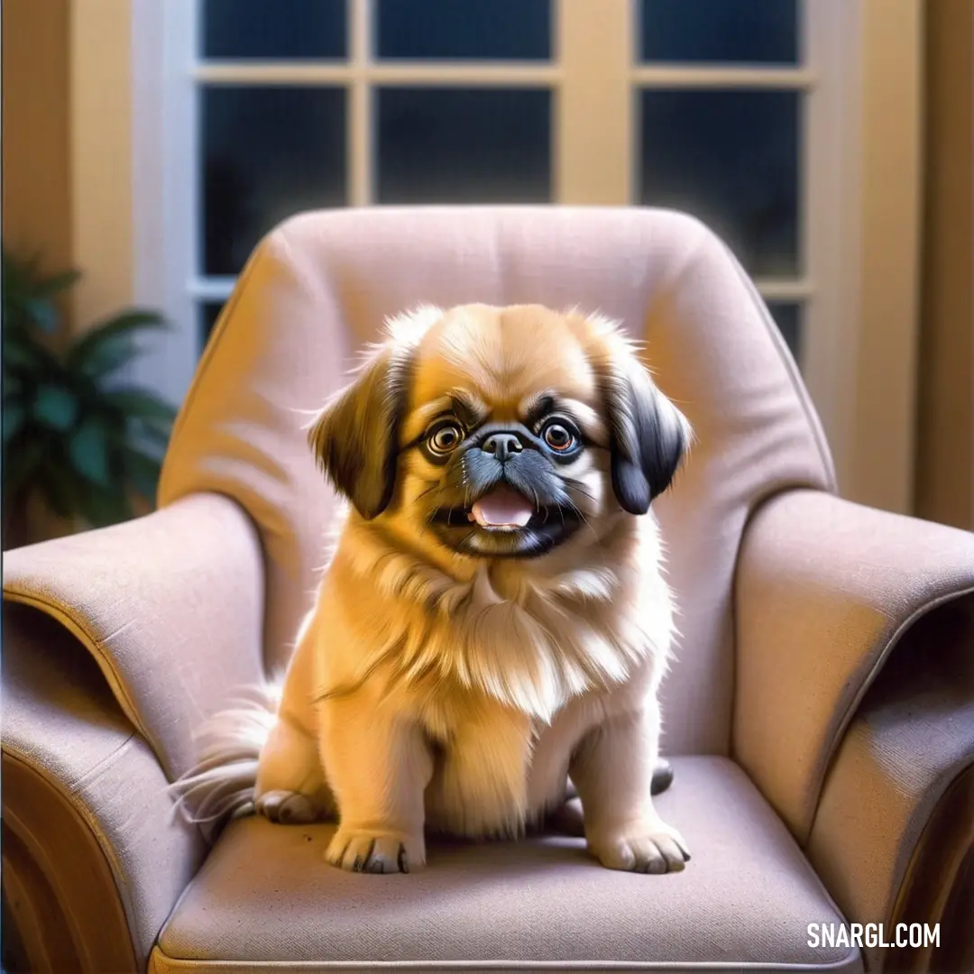 Small dog on a chair with its tongue out and eyes wide open