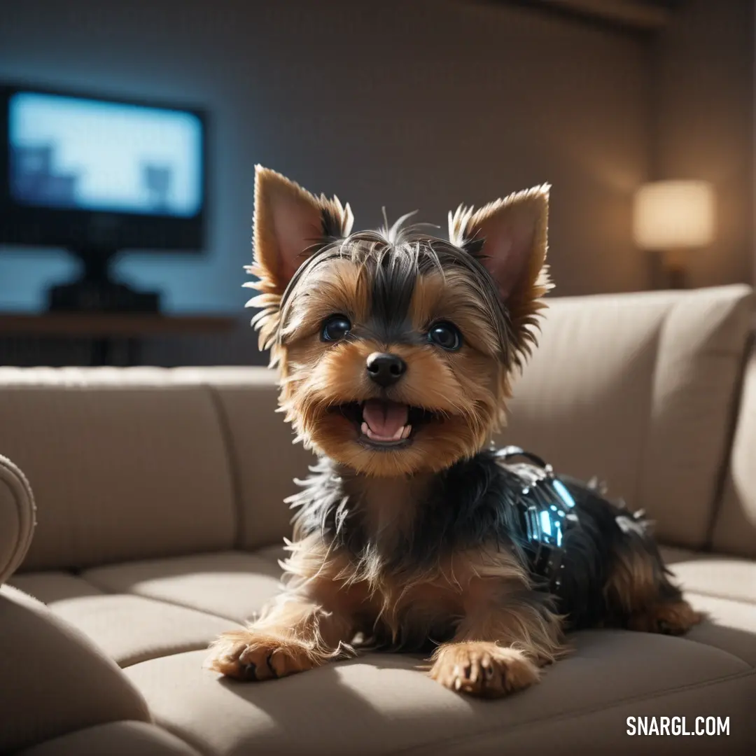 Small dog on a couch with a tv in the background and a Dog holding a camera in their hand