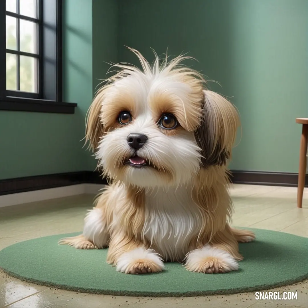 Small dog on a green rug in a room with a chair and window in the background