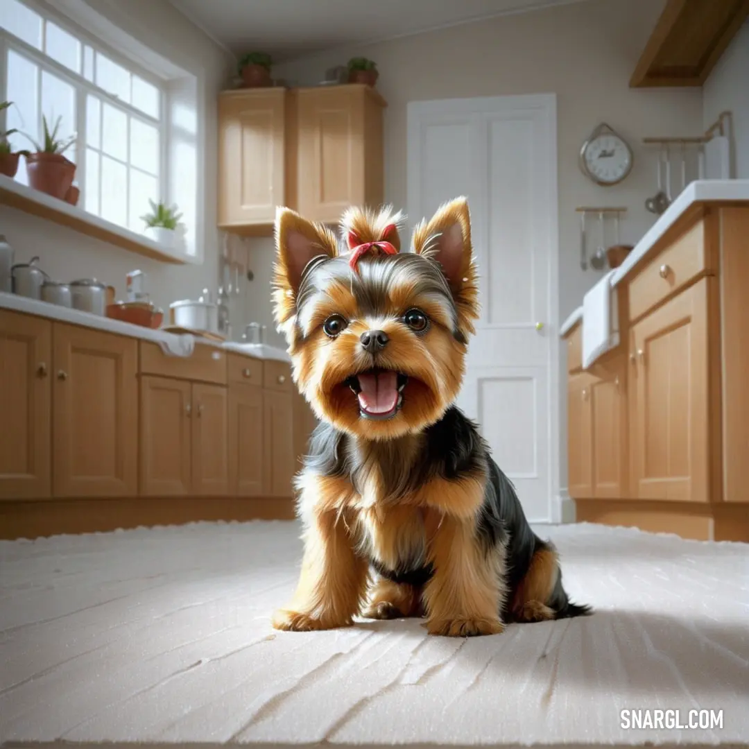 Small dog on a kitchen floor with a bow in its hair