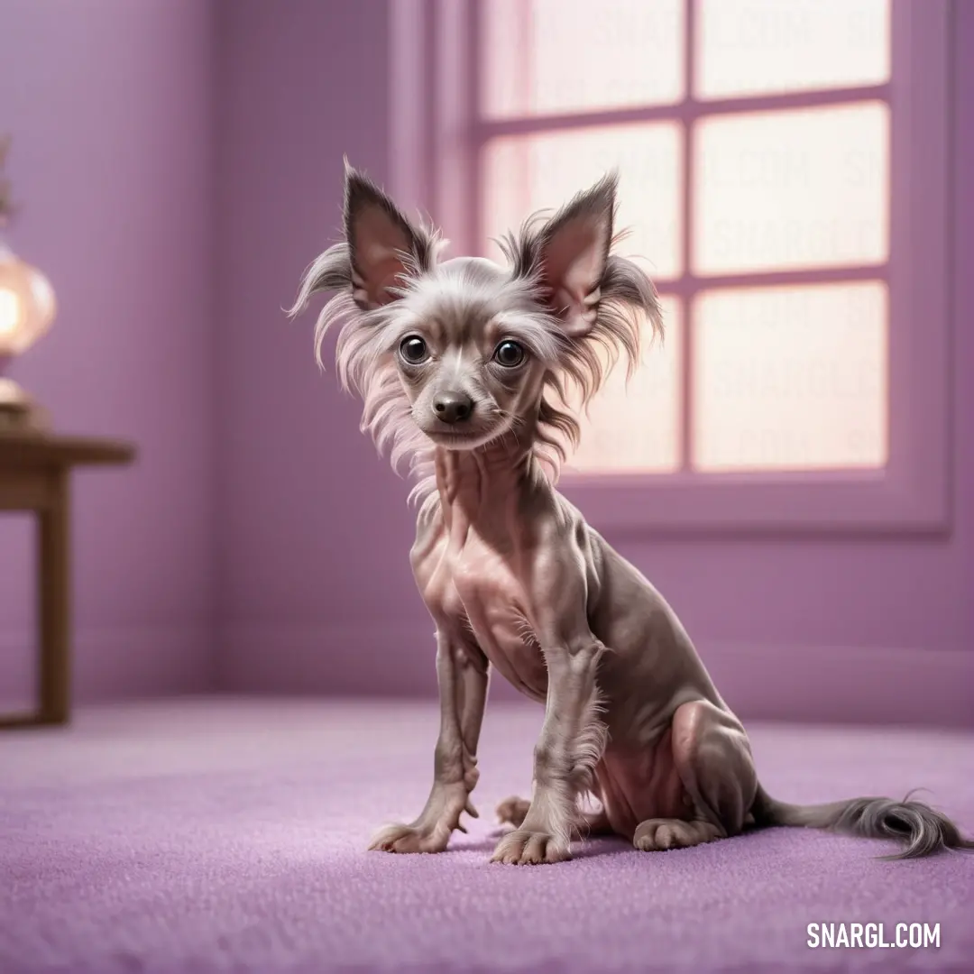 Small dog on a purple carpet in front of a window with a pink wall