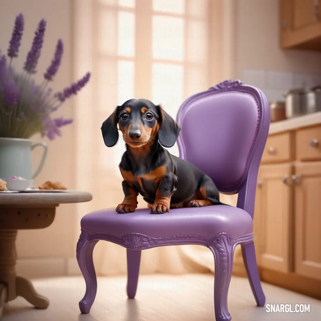 Small dog on a purple chair in a kitchen next to a table with a plate of food
