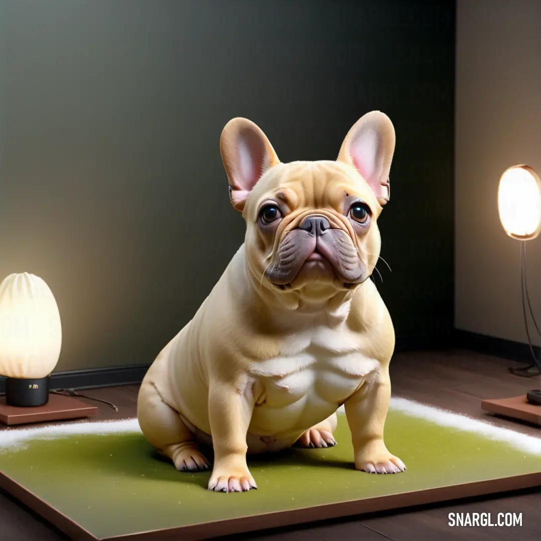 Small dog on a rug in a room with a lamp and a lamp shade on the wall