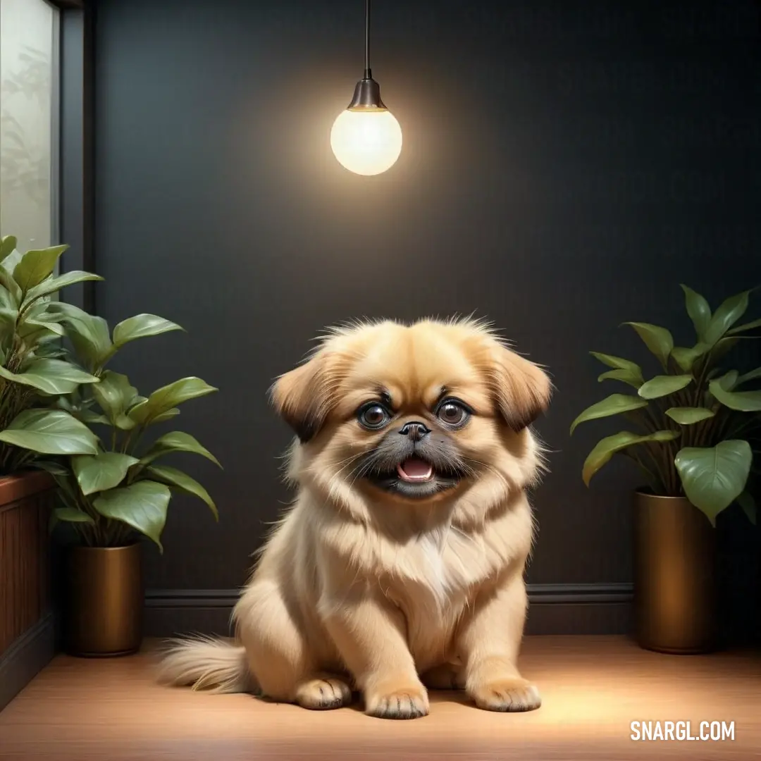 Small dog on a wooden floor next to a plant and a light bulb hanging above it's head