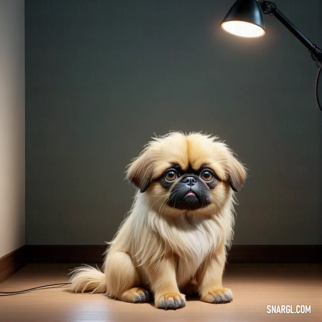 Small dog on a wooden floor next to a lamp and a wall light on a wall behind it