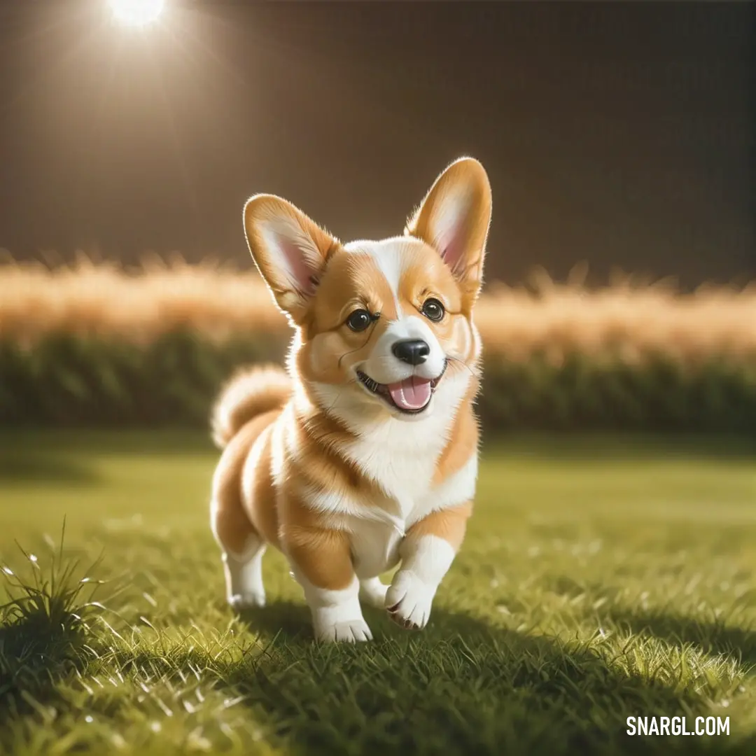 Small dog standing on top of a lush green field of grass next to a light post