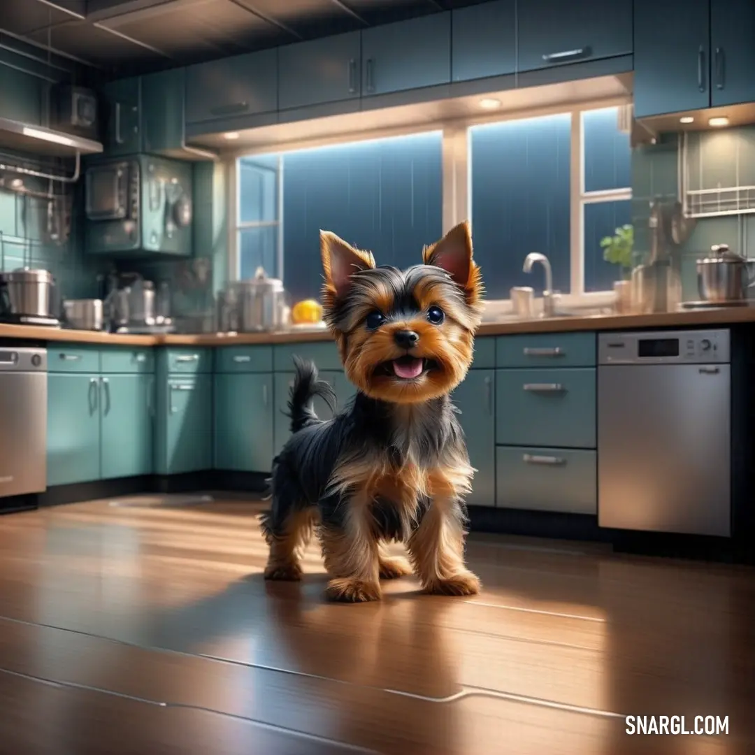 Small dog standing on a hard wood floor in a kitchen with stainless steel appliances and cabinets and a sink