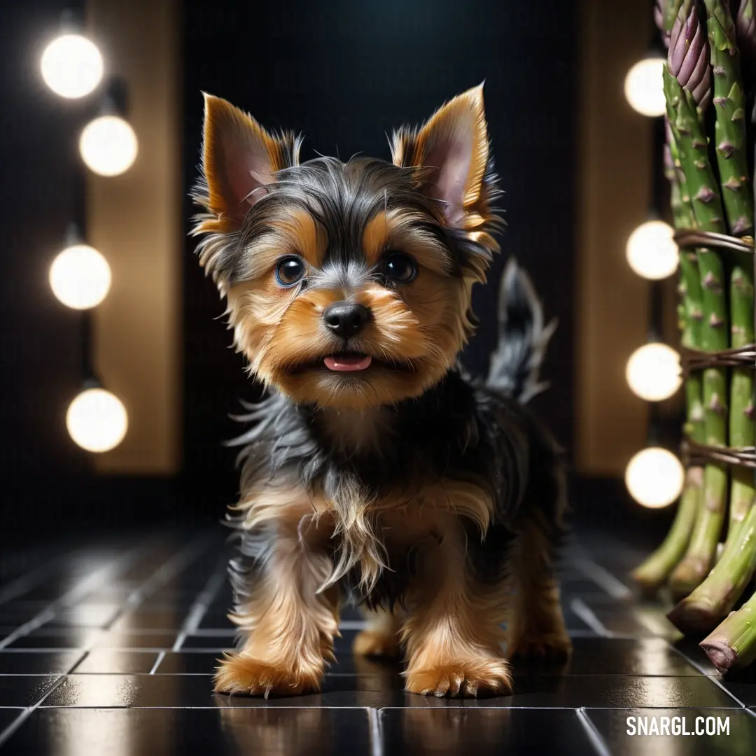 Small dog standing on a tiled floor next to a bunch of asparagus and lights in the background