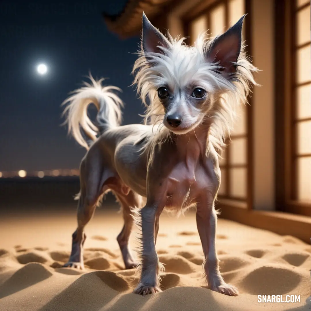 Small dog standing on top of a sandy beach next to a window at night time with a full moon in the sky