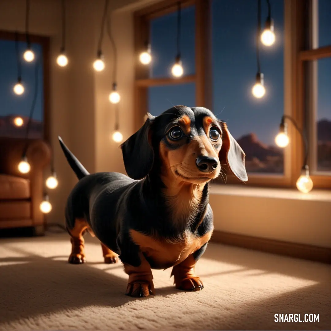 Small dog standing on a carpet in front of a window with lights on it's sides and a couch in the background