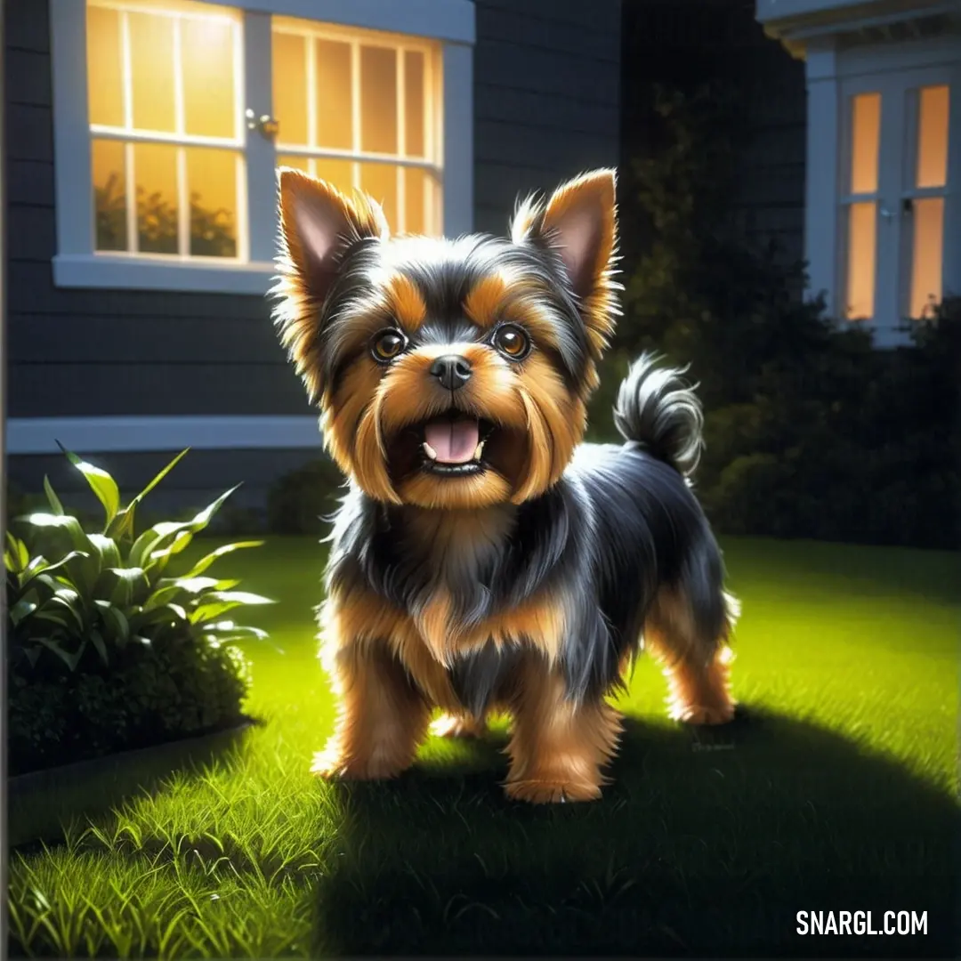 Small dog standing on top of a lush green field next to a house at night with a lit up window