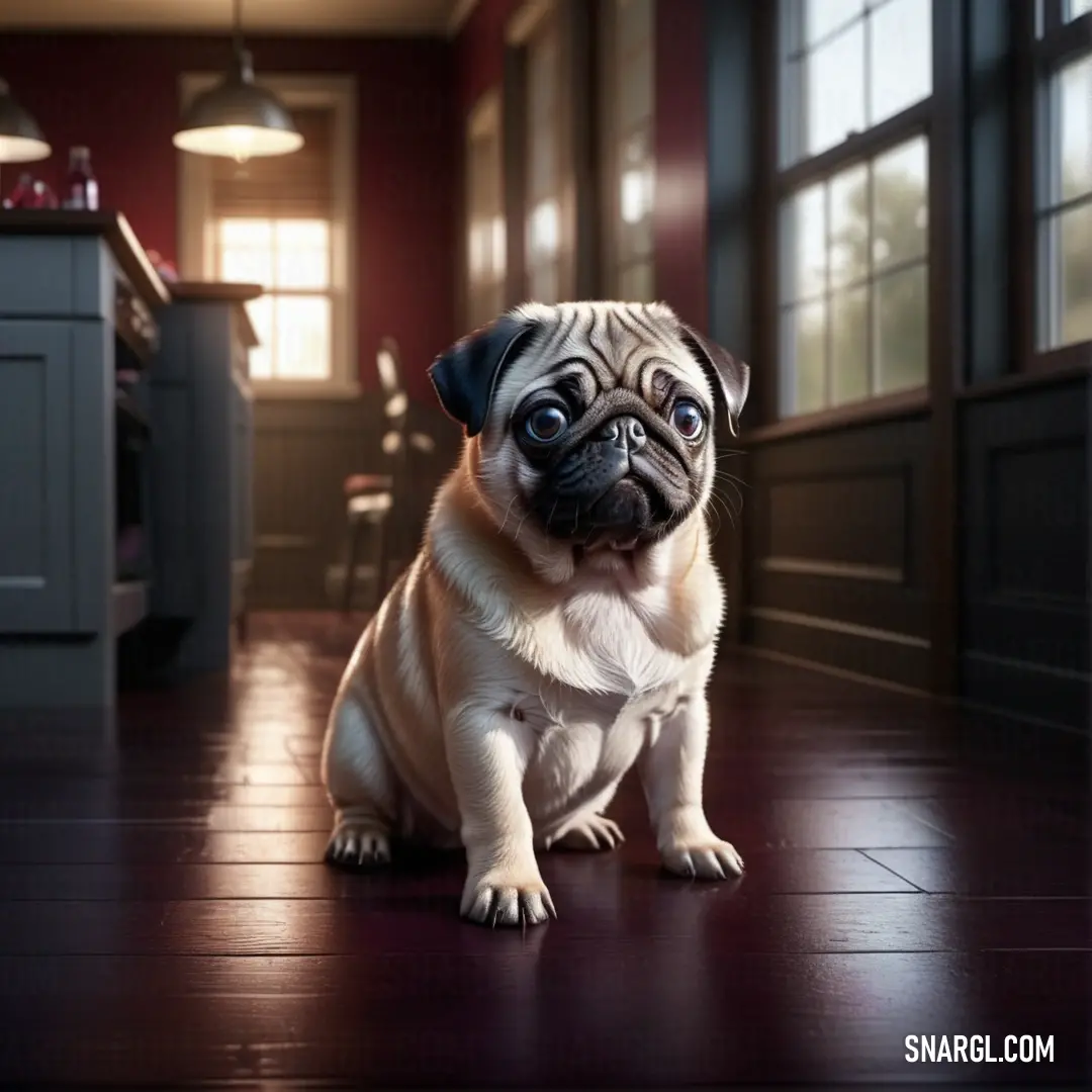 Small pug dog on a hard wood floor in a kitchen with a window and a counter