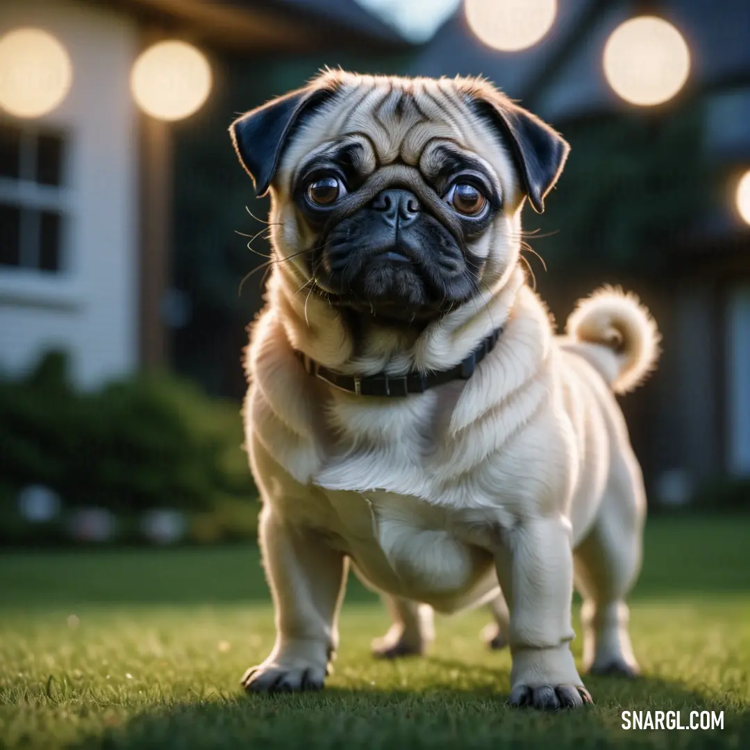 Small pug dog standing on a lawn in front of a house with lights on the side of it