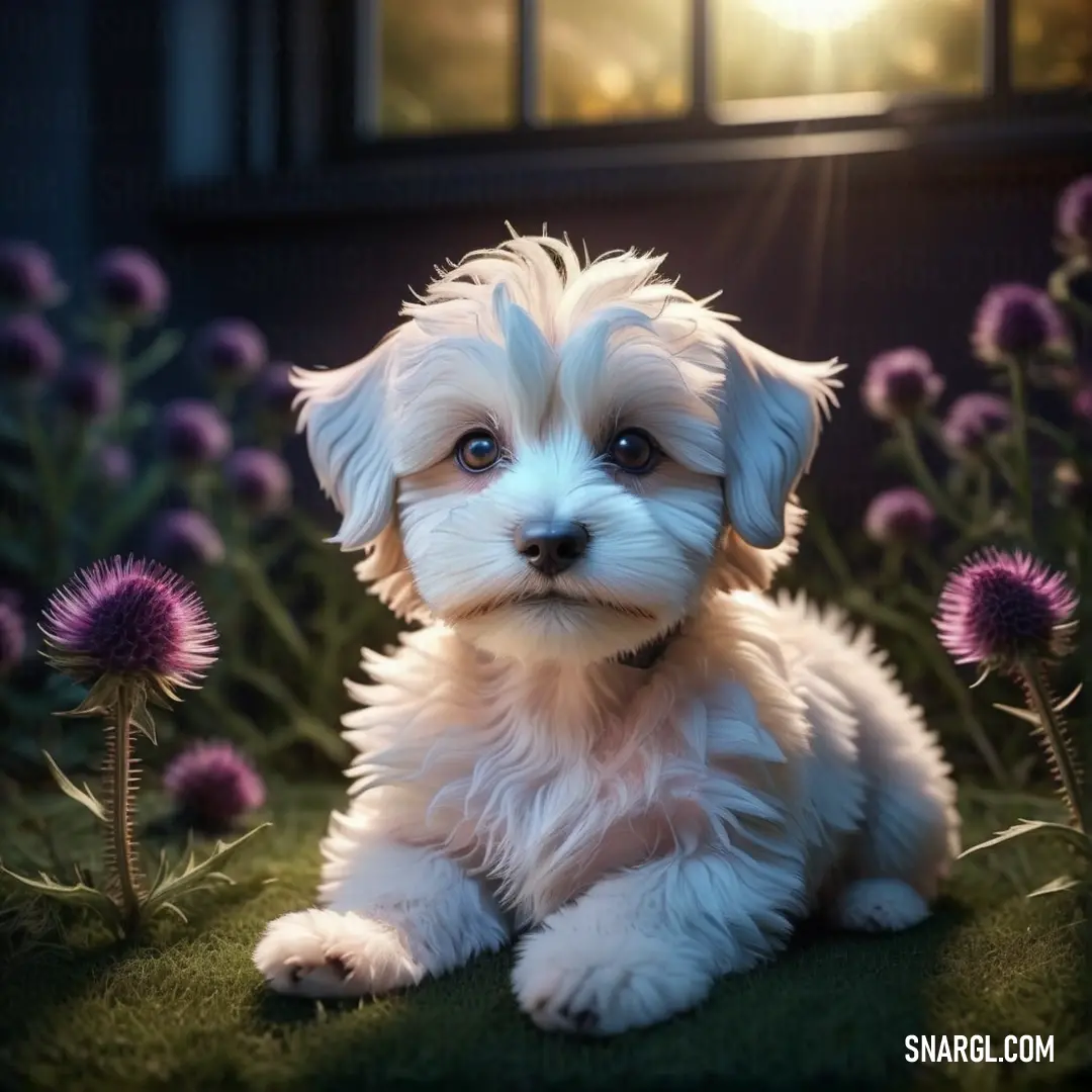Small white dog in a field of flowers with a window in the background and sun shining through the window