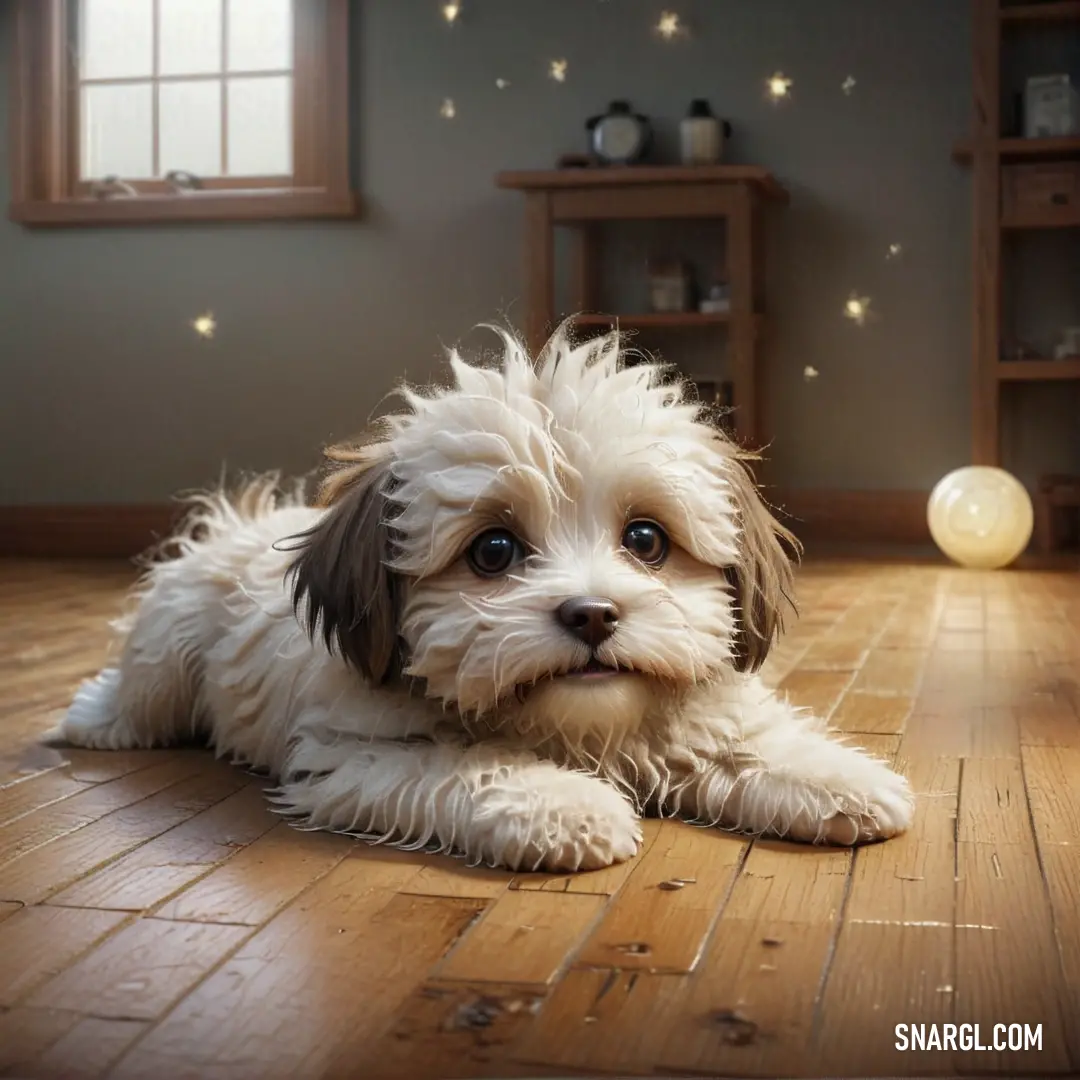 Small white dog laying on a wooden floor in a room with a window and a star light on the wall