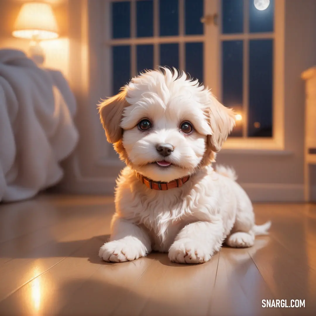 Small white dog on a hard wood floor in a room with a window and a lamp on the wall