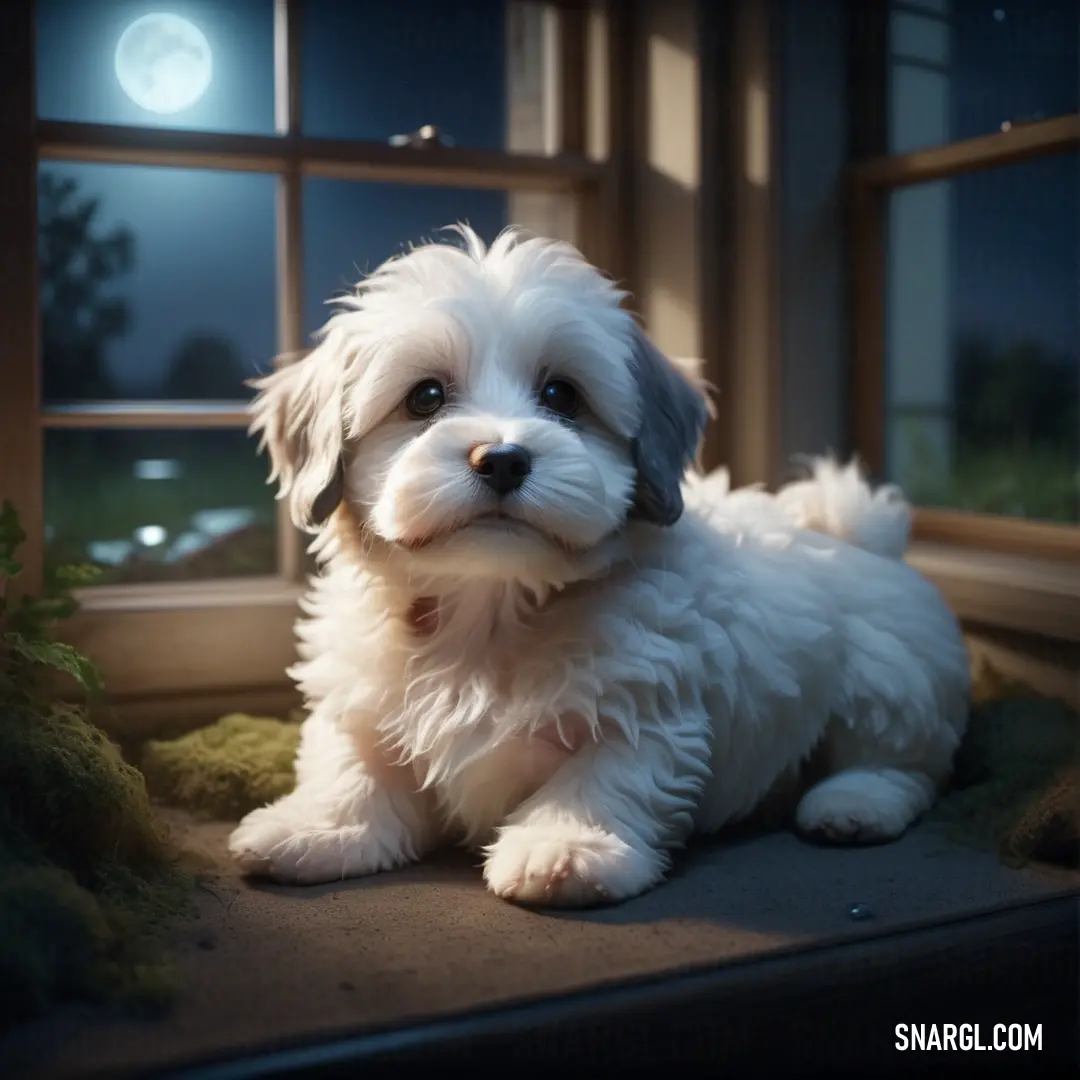 Small white dog on a window sill at night with a full moon in the background and a window sill with moss growing grass