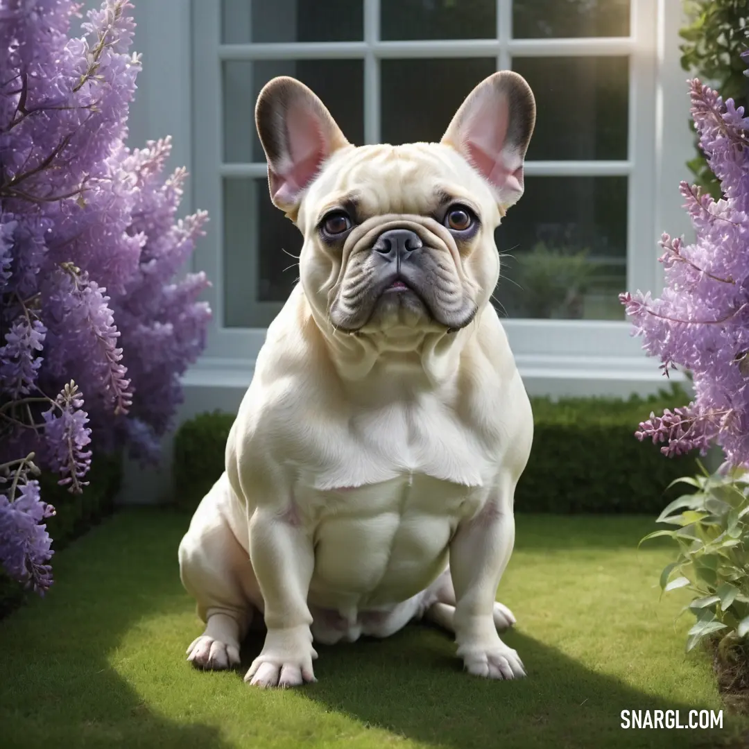 White dog in the grass next to a window with purple flowers in front of it
