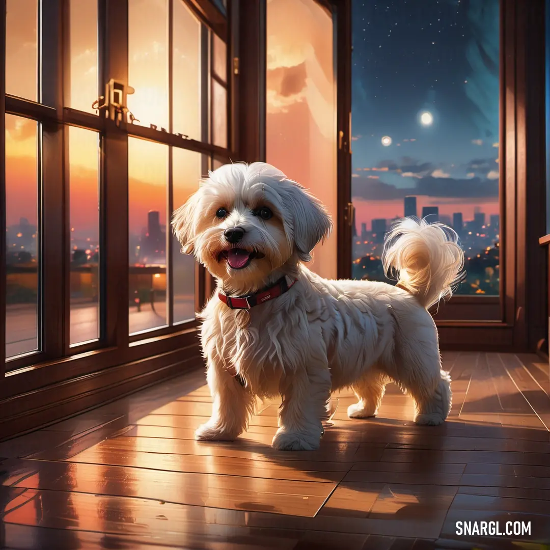 White dog standing on a wooden floor next to a window with a view of the city outside of it