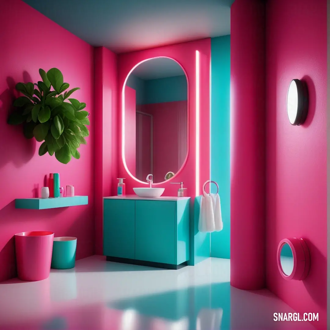 Bathroom with a pink and blue color scheme and a potted plant in the corner of the room. Color #D71868.