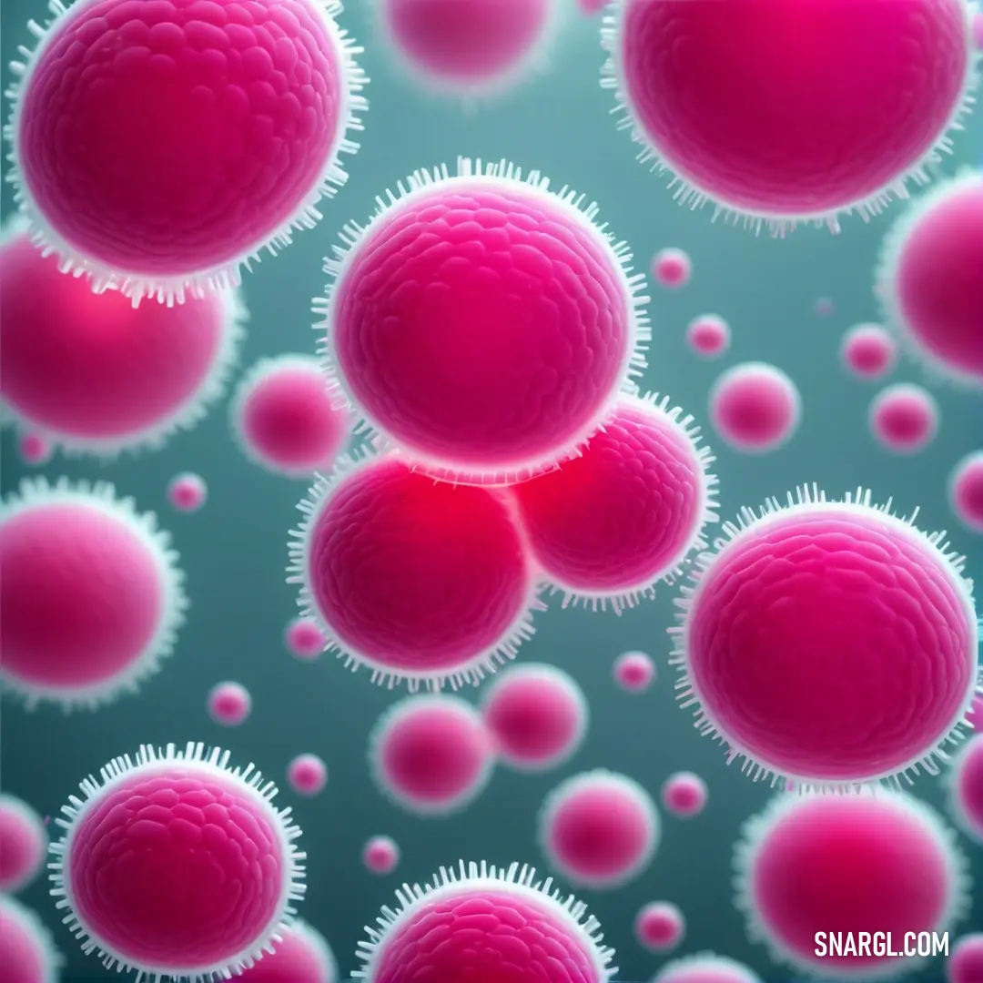 Bunch of pink balls of blood floating in a vein of blood cells, with a blue background. Color #D71868.