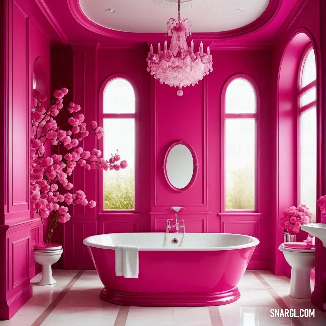 Dogwood rose color example: Bathroom with a pink tub and a chandelier in it's centerpieces and a white toilet and sink