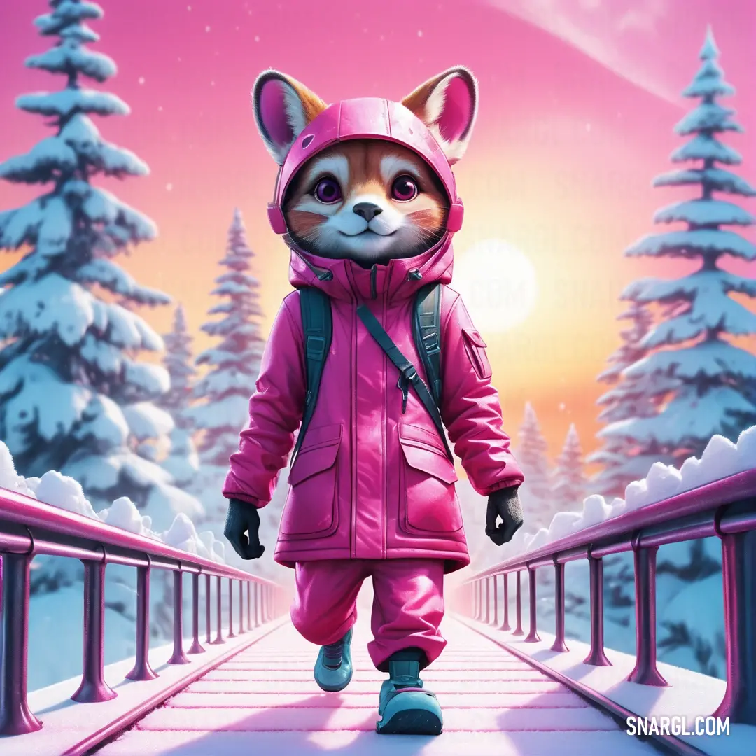 Cat in a pink jacket and snow pants walking across a bridge in the snow. Color RGB 215,24,104.