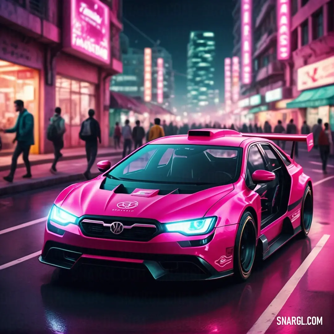 Pink car driving down a street at night with people walking by it and a neon sign above it. Example of RGB 215,24,104 color.