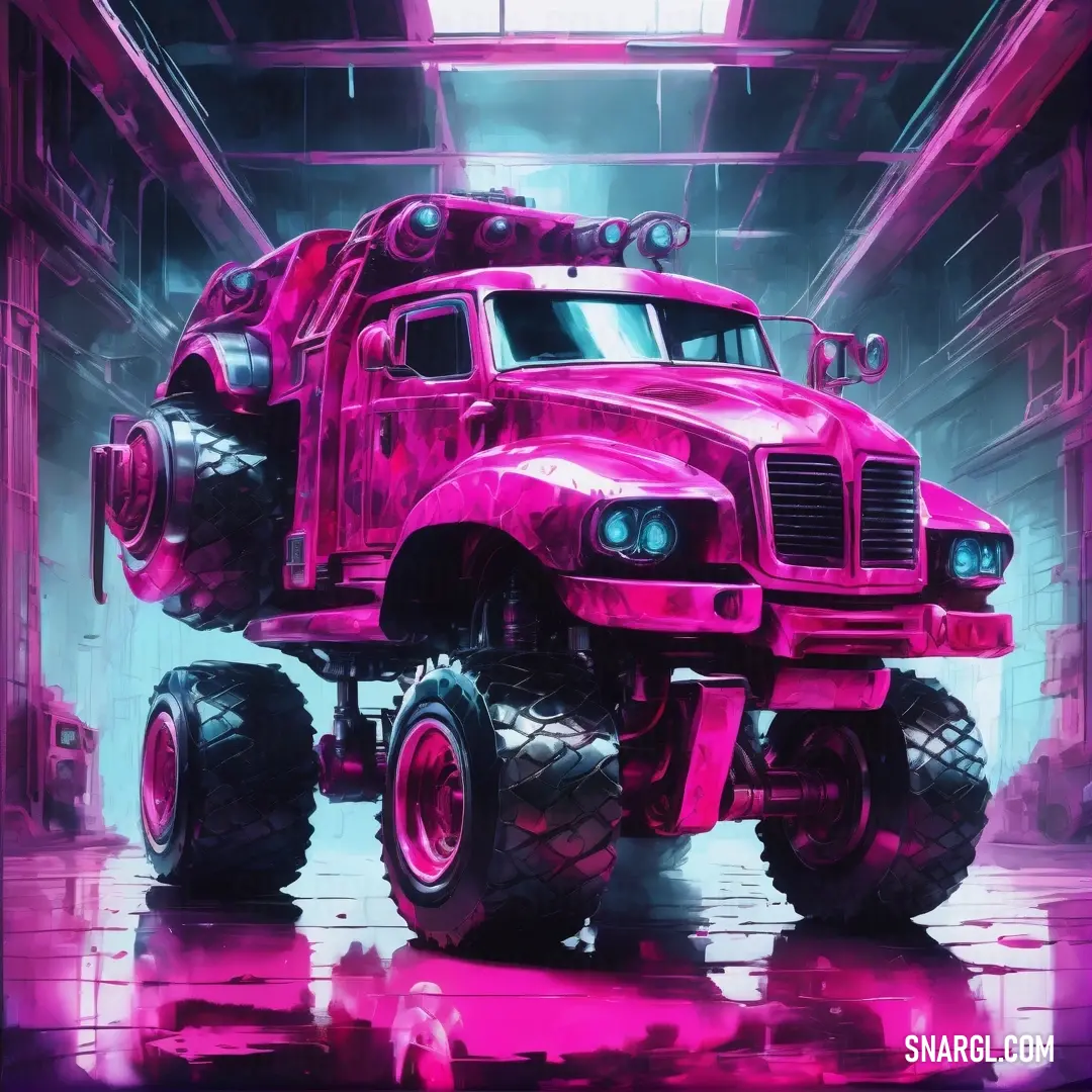 Dogwood rose color. Pink monster truck with big tires in a garage with a pink background