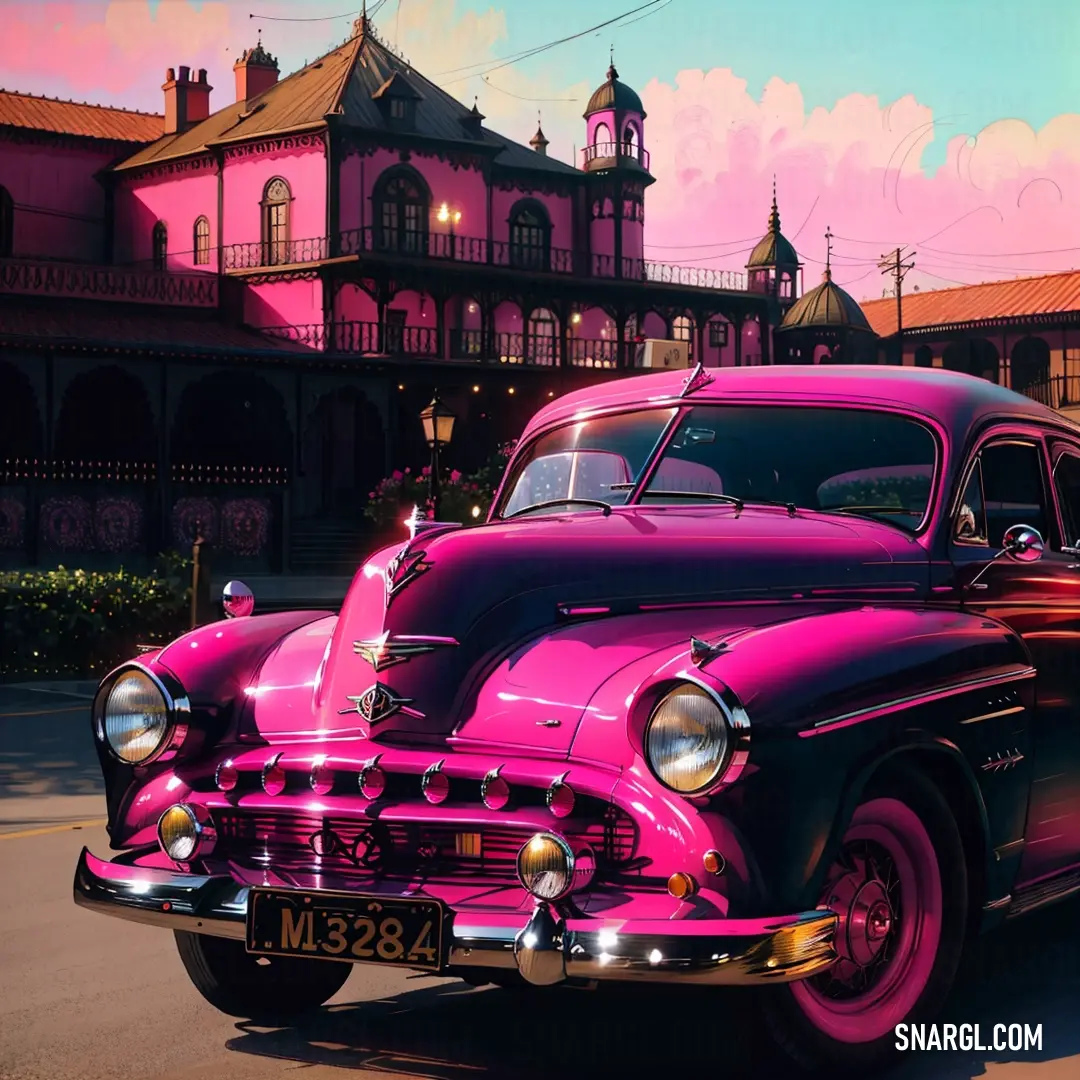 Pink and black car parked in front of a pink building with a clock tower on it's side
