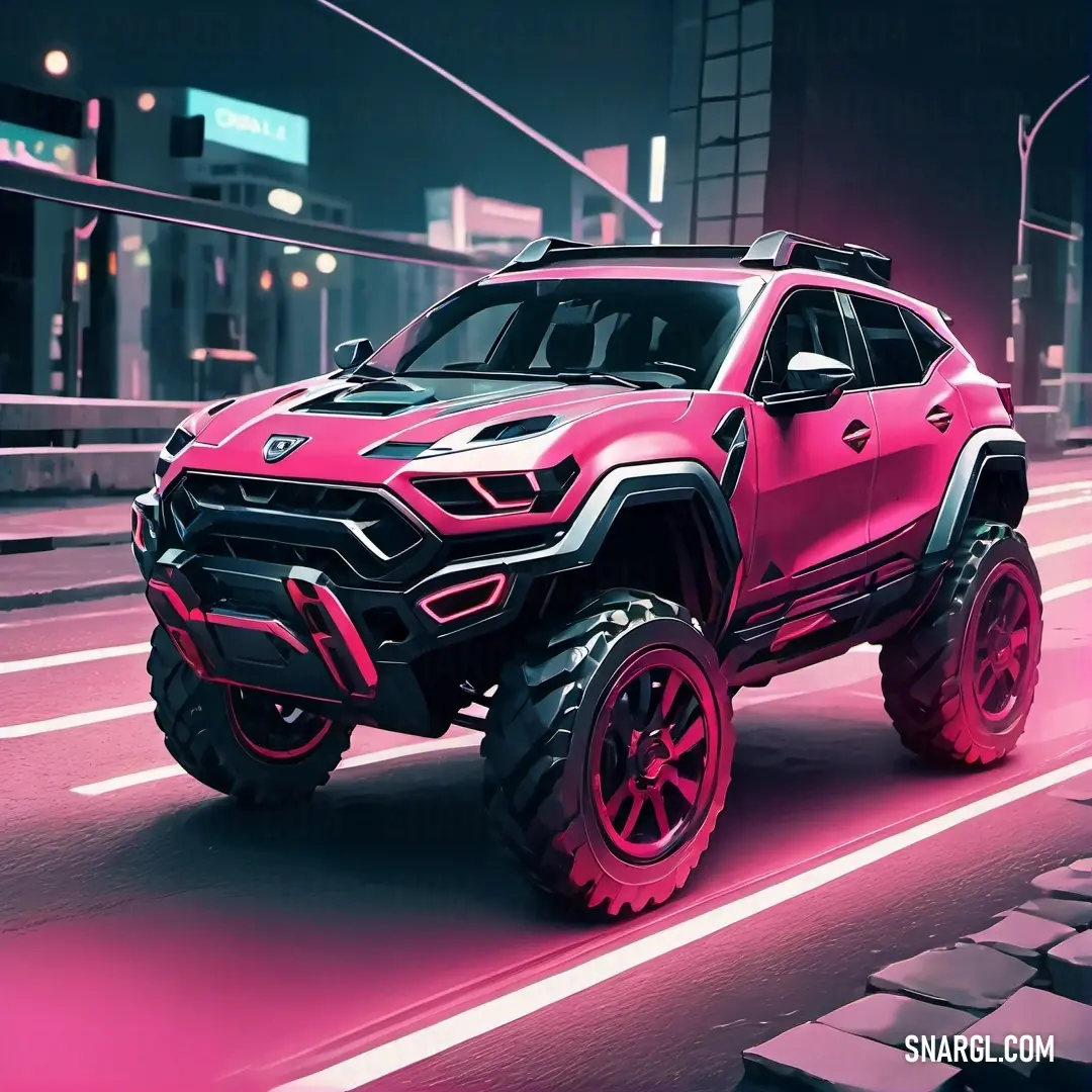 Pink truck driving down a city street at night with neon lights on the sides of it's tires. Example of Dogwood rose color.