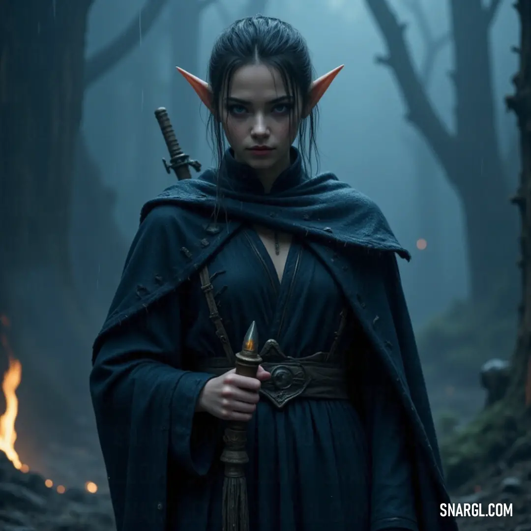 In a shadowy forest, a fierce figure wields a sword, flames flickering ominously in one hand while sinister markings cover her face. The atmosphere is laden with mystery, suggesting a powerful battle against darkness lies ahead.