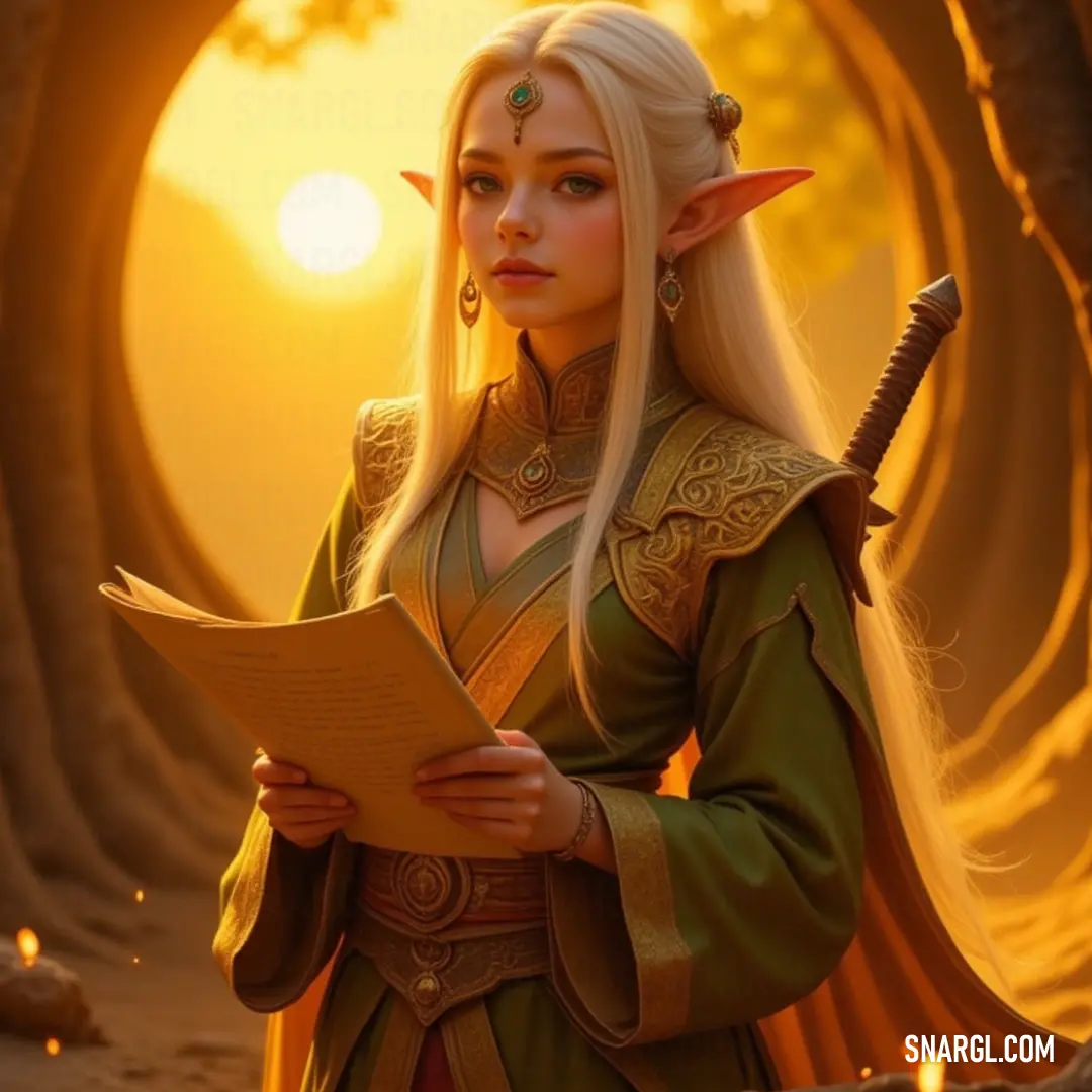 Dúlin in a mesmerizing green dress holds a book and sword, standing before a radiant yellow backdrop. Dúlin, garbed in a mesmerizing green dress, holds an intricately designed book in one hand and a gleaming sword in the other, standing against a brilliant yellow backdrop that radiates warmth and energy, inviting curiosity and exploration.