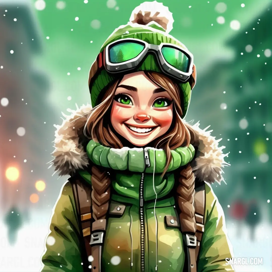 Cartoon girl wearing a green jacket and a green hat and goggles in the snow. Example of RGB 133,187,101 color.
