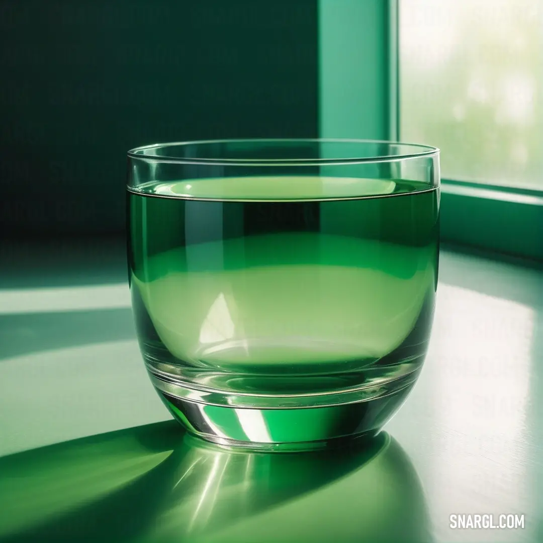 Glass of green liquid on a table next to a window sill with a green curtain behind it. Color CMYK 29,0,46,27.