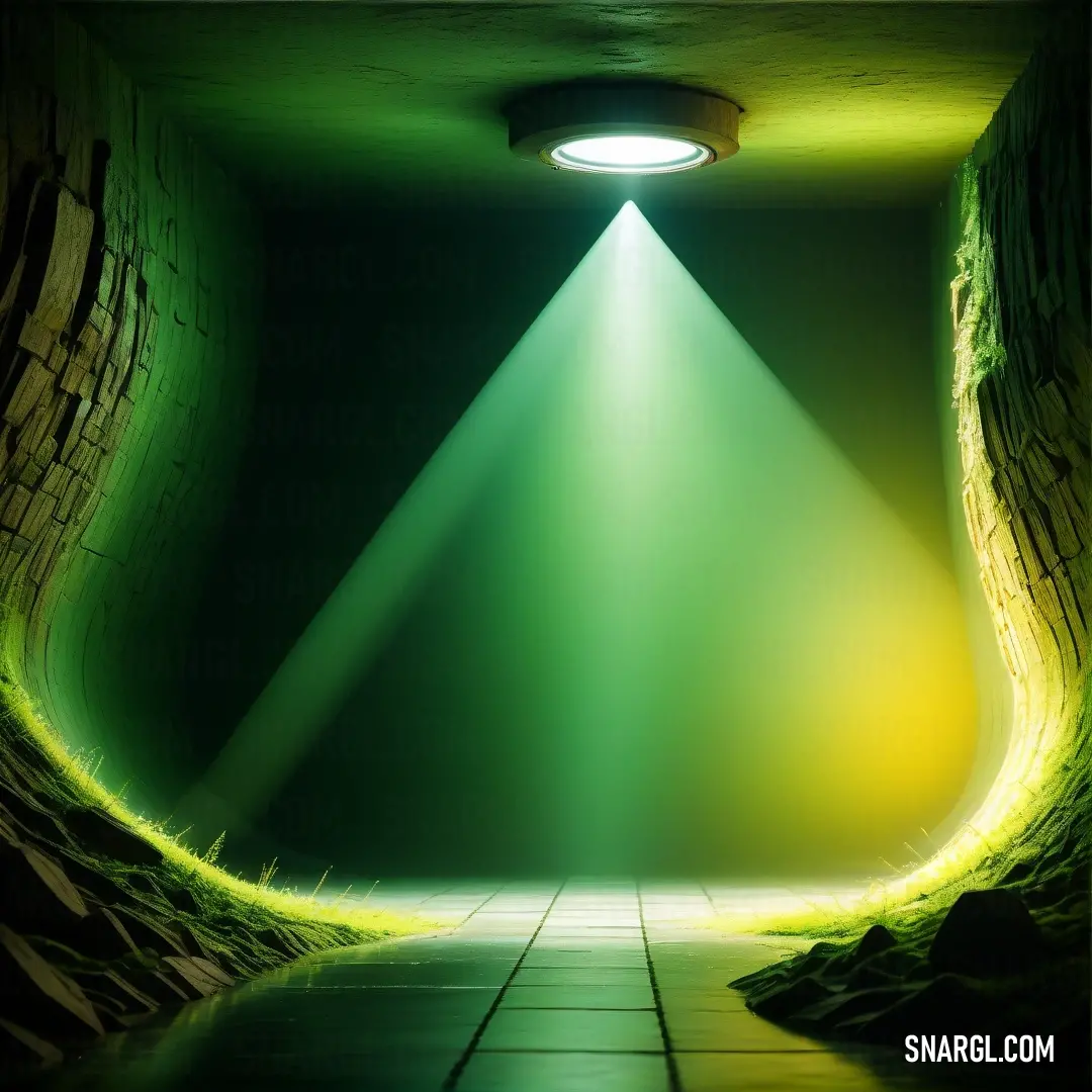 Dollar bill color example: Green light shines brightly in a dark room with a tiled floor and walls
