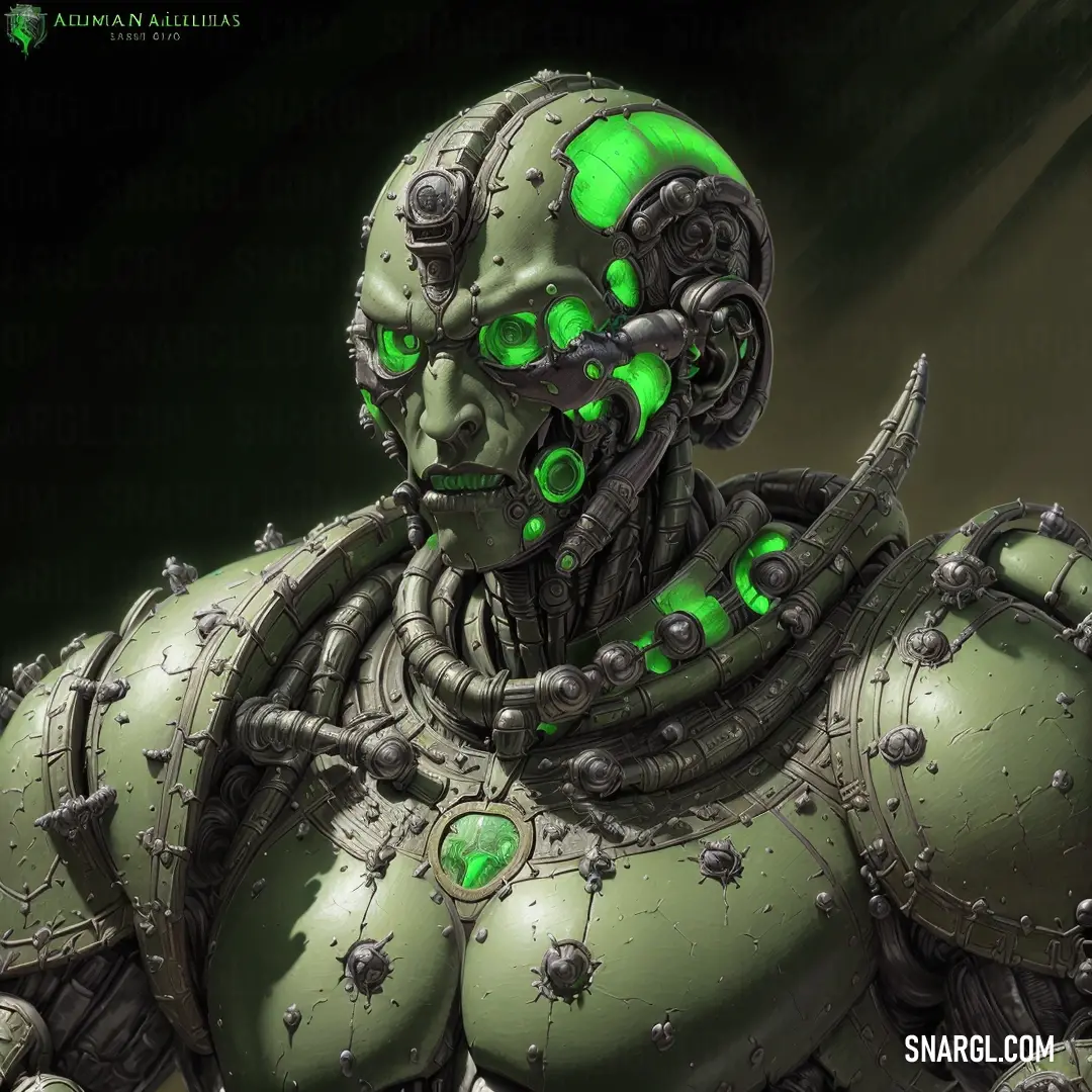 Green robot with green eyes and a green body and a green helmet on his head and chest