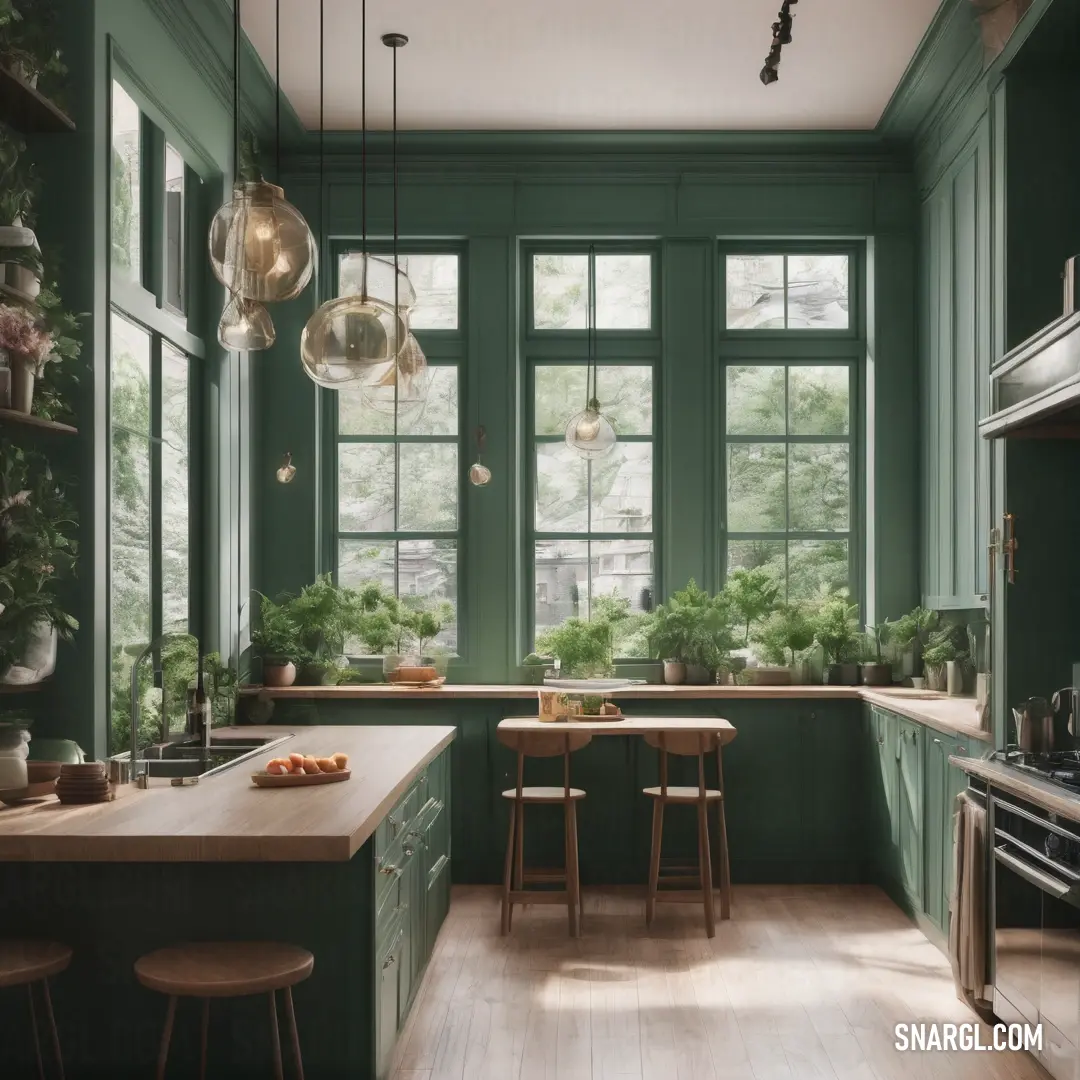 Dollar bill color. Kitchen with green walls and wooden floors and a table with chairs and a stove top oven and a window