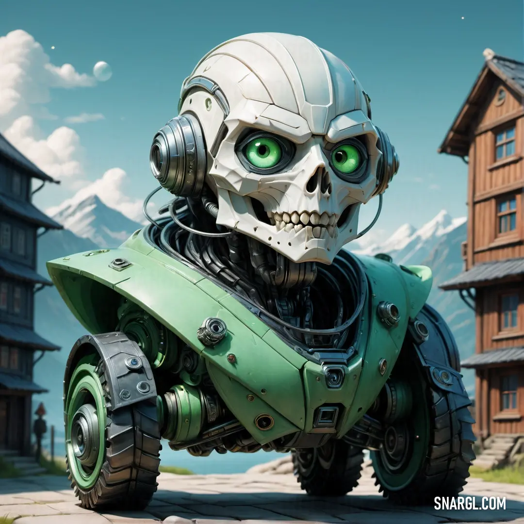 Robot with a skull face riding a green car in front of a house with a mountain in the background