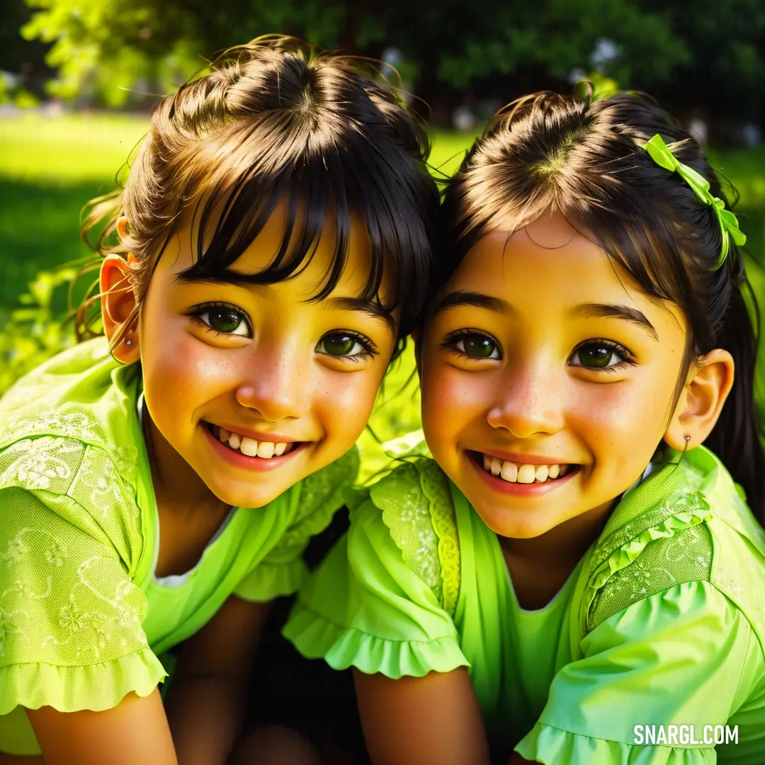 Two young girls are posing for a picture together in the grass together