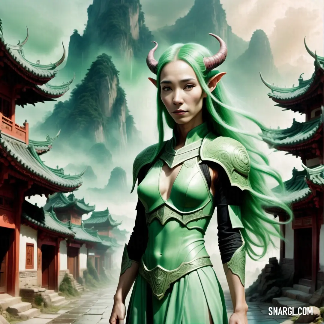 Woman in a green dress with horns and horns on her head standing in front of a mountain with pagodas. Color #85BB65.