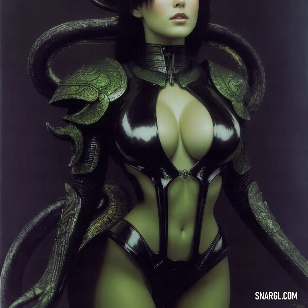 Woman in a leather outfit with a snake on her chest and a snake on her arm. Example of #85BB65 color.