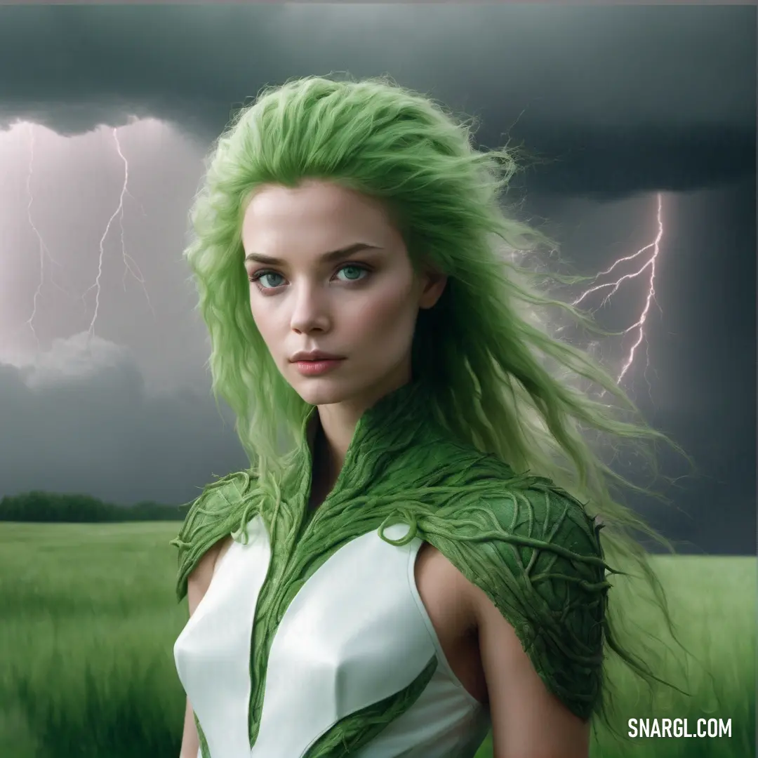 Dollar bill color example: Woman with green hair and a green cape on her shoulders in a field of grass with lightning in the background