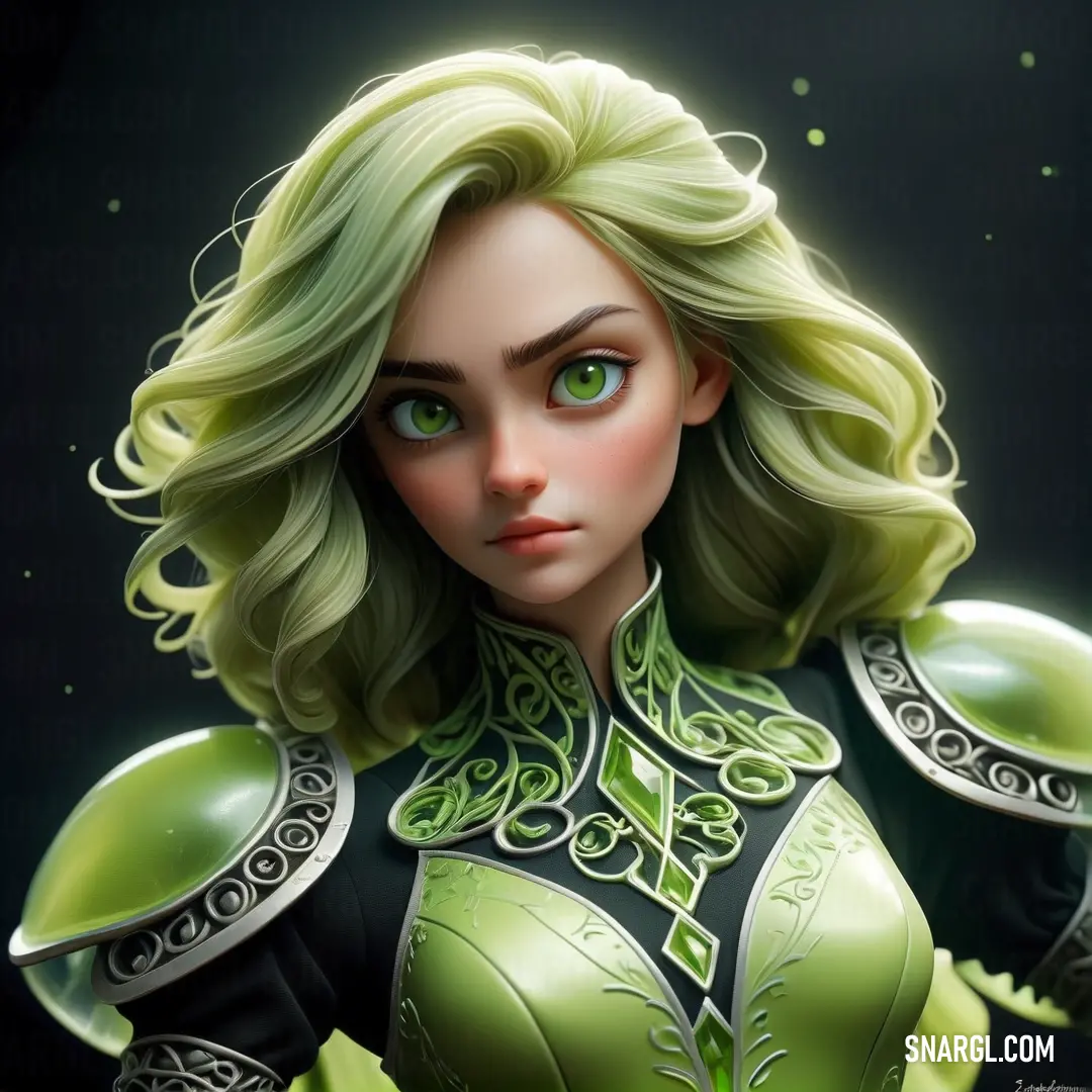 Woman with green hair and a green outfit with a green collar and green eyes and a green coat. Color #85BB65.