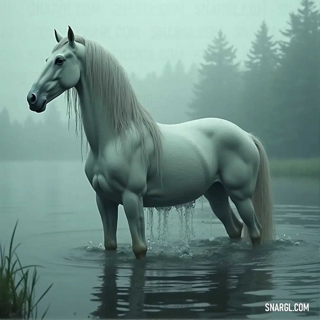 Donal, the white horse, stands poised in the calm water, with trees stretching across the horizon, capturing the peaceful beauty of nature. A majestic white horse named Donal stands gracefully in a tranquil body of water, surrounded by tall trees and lush greenery. The soft sunlight filters through the trees, reflecting off the calm water, creating a serene and peaceful scene.