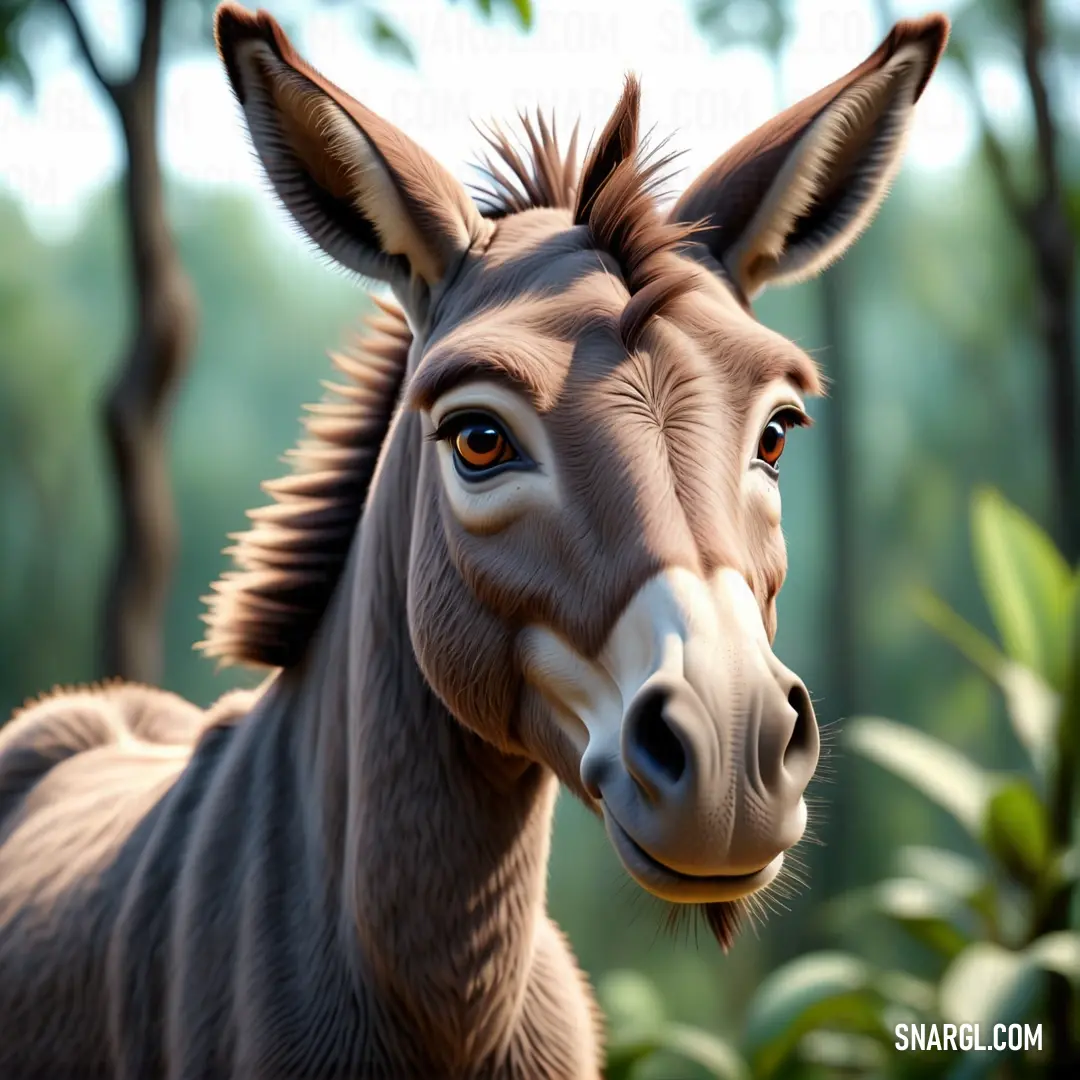 Close up of a donkey with trees in the background