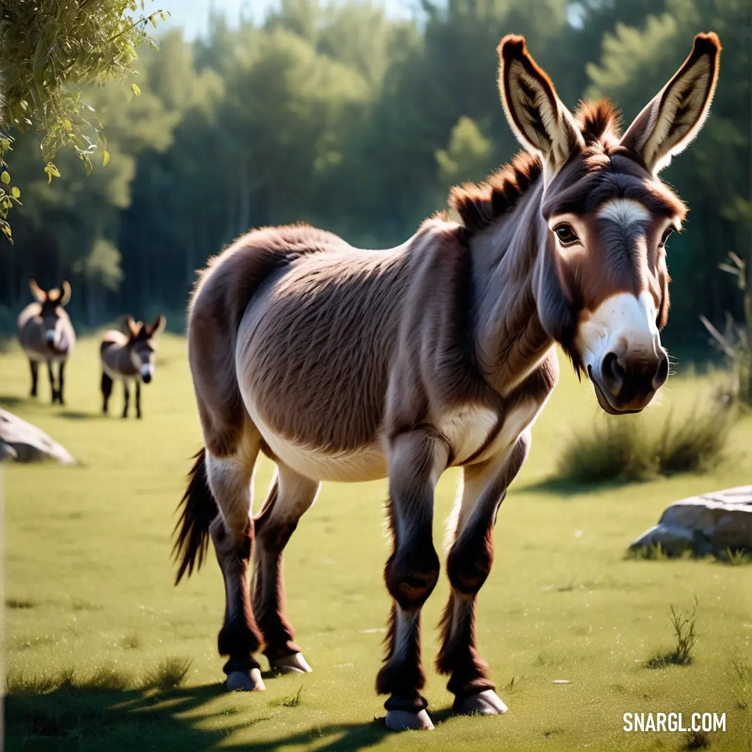Donkey is walking in a field with other animals in the background