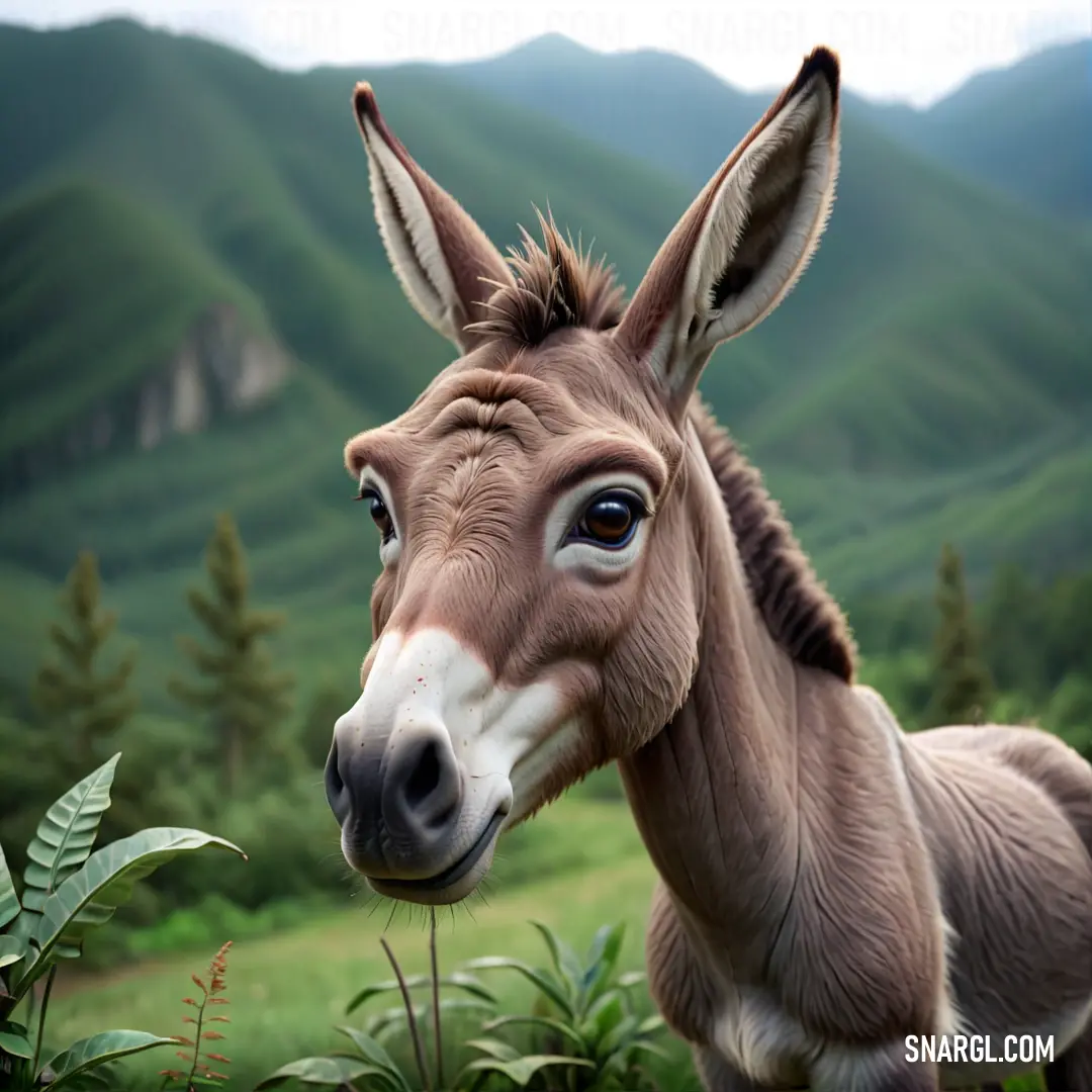 Donkey standing in a field with mountains in the background